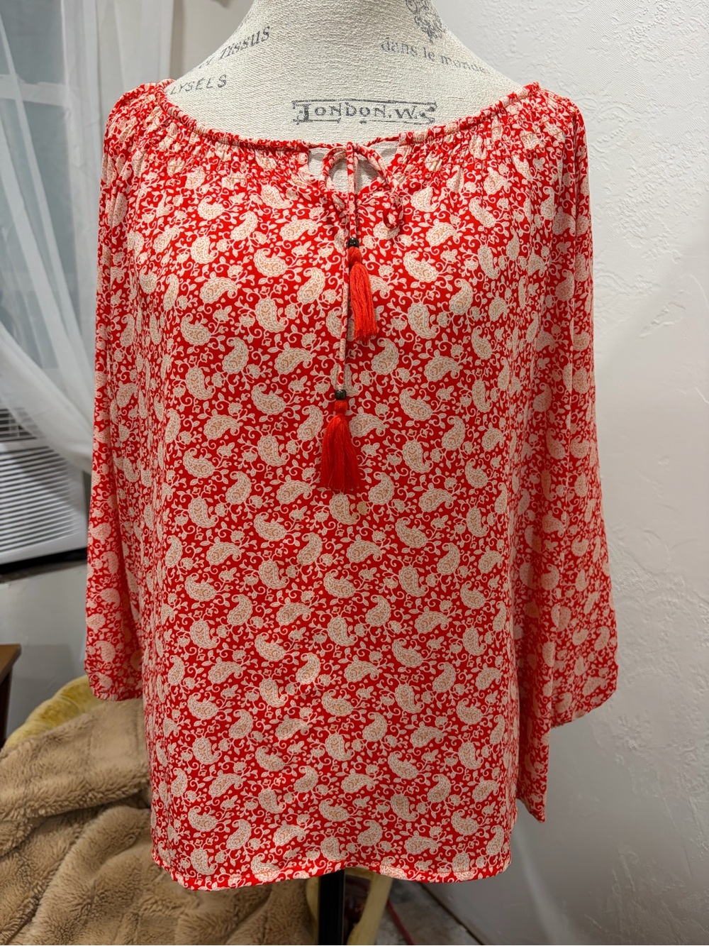 Skies Are Blue Red Paisley Tie-Neck Tunic